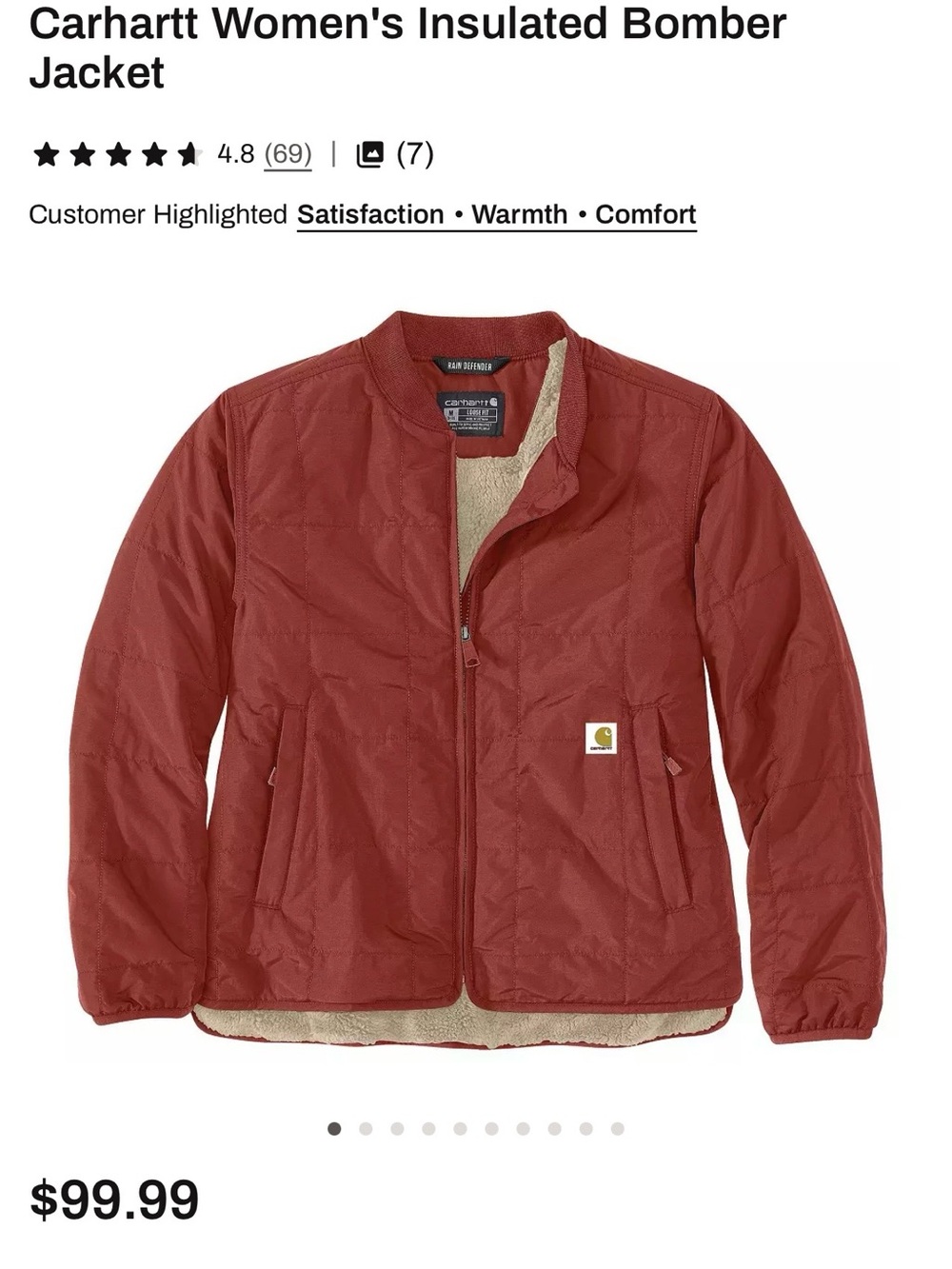 Carhartt Women's Insulated Bomber Rain Defender Jacket Size Medium